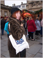 Glynis at the Bath Christmas market - sporting a Silver Travel Bag!