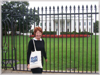 Glynis at The White House - with silver travel bag