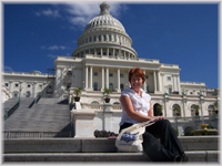 Glynis at Capitol Hill - with silver travel bag