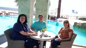 Gill and I with Eva, owner of the Mediterranean Hotel Group in Pieria and Litochoro