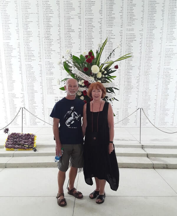 Glynis and Trevor on the HMS Arizona Memorial