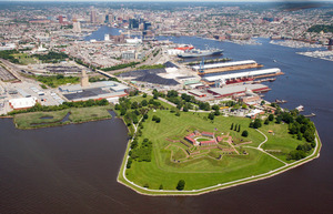 Aerial view of Fort McHenry and downtown Baltimore