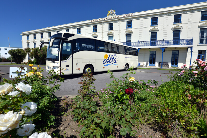 Alfa Travel coach outside Royal Norfolk Hotel in Bognor
