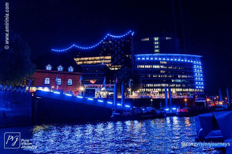 The Port of Hamburg illuminated in blue
