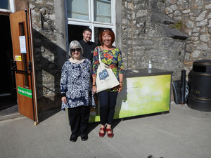 Glynis and Julie at Bodelwyddan Castle Hotel Pimms Bar with Silver Travel bag