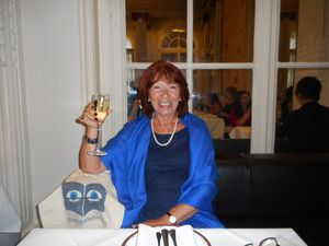 Glynis at the Waldorf with champagne of course!