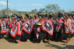 Dancers preparing to dance for the King and the Queen Mother at the Marula Festival