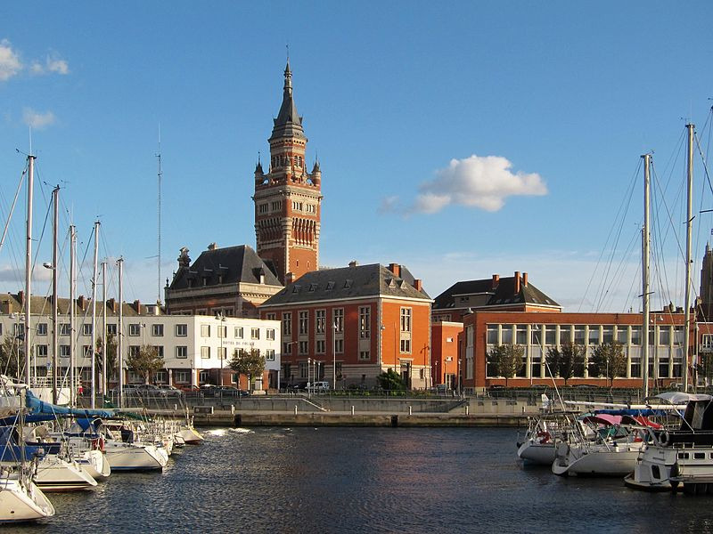 Dunkirk Town Hall and port by Velvet via Wikimedia Commons