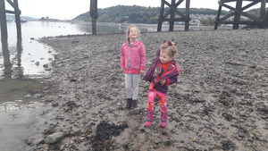 Florence and Claudie on the beach in Beaumaris, Anglesey