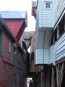 Warehouses overhang alleys in the Bryggen