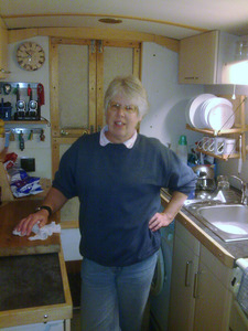 Sue Hall on her narrow boat kitchen