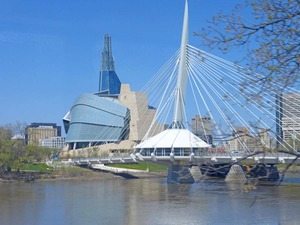 Winnipeg; bridge over the Red River and Musueum of Human Rights