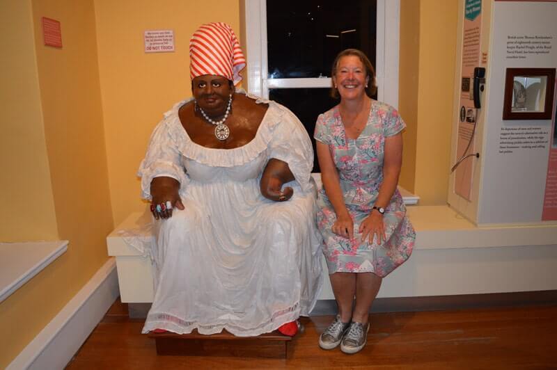 Petra with model of Rachael Pringle at the Exchange Museum, Barbados
