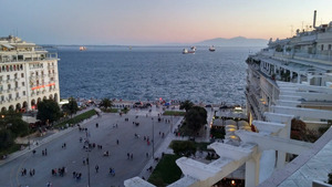 Aristotelous Square and the Thermaikos Gulf from the balcony of Orizontes at the Electra Palace Hotel