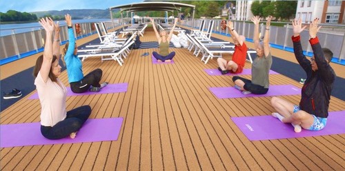 Morning stretch class in top deck