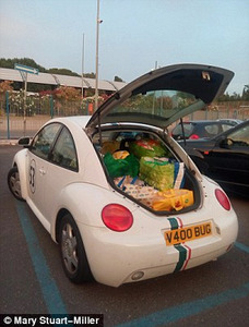 Mary's Beetle car stuffed with provisions.