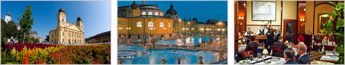 Left to right: Great Church of Debrecen, Budapest thermal baths, Gundel Restaurant