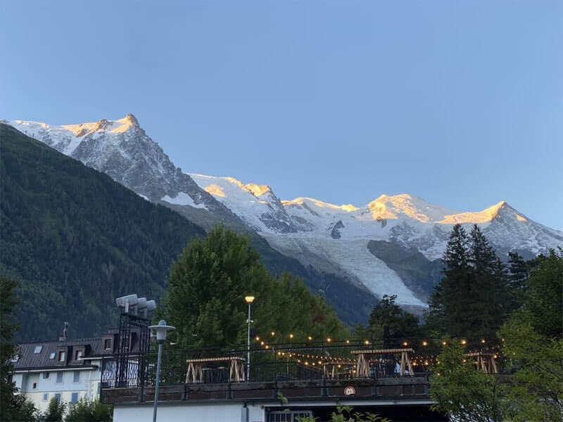 Looking up at Mont Blanc and the Aiguille du Midi from our start and end point in Chamonix