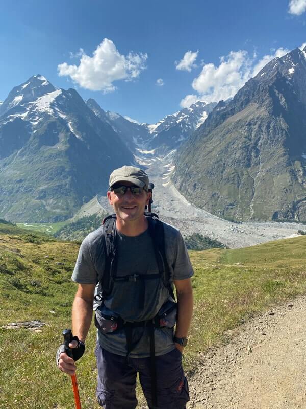 Your correspondent on the South of the Mont Blanc range between Courmayeur and Switzerland