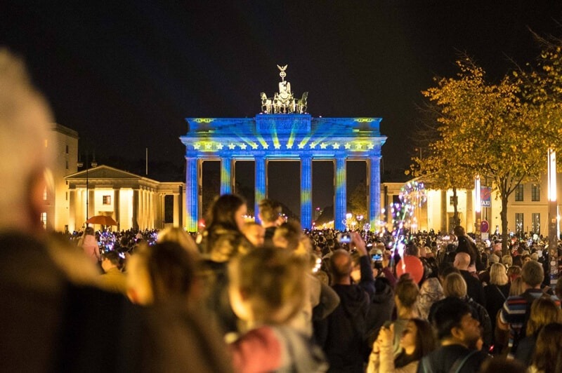 The Brandenburg Gate lit up during the Festival of Lights 2018