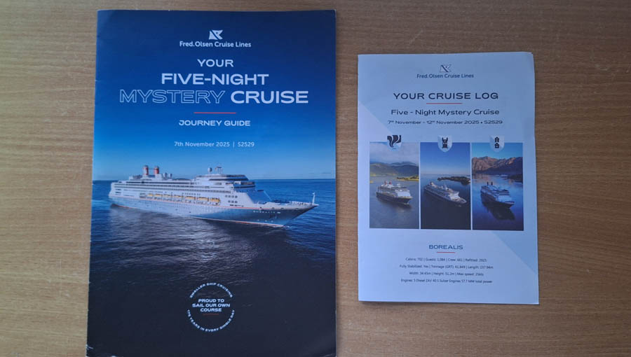 Mystery cruise brochure and post-cruise log