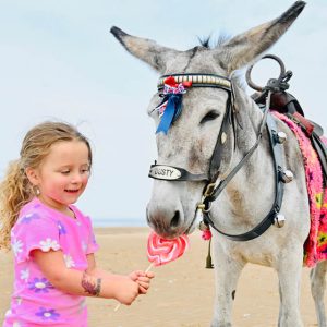 21st May 
Darcie Murray -Denby 3 yrs  feed Dusty the Donkey some Blackpool Rock