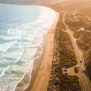 StunAerial View of Waves and Beaches at Sunset Along the Great Ocean Road, Australia