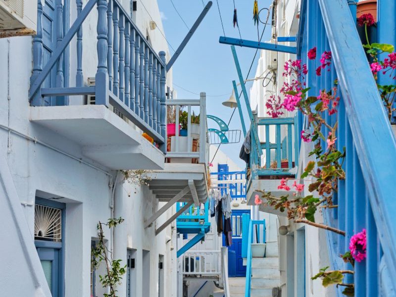 Greek Mykonos street on Mykonos island, Greece