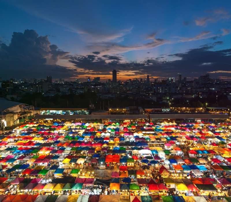 Top view of Night market with many store for service customer in Bangkok, Thailand.